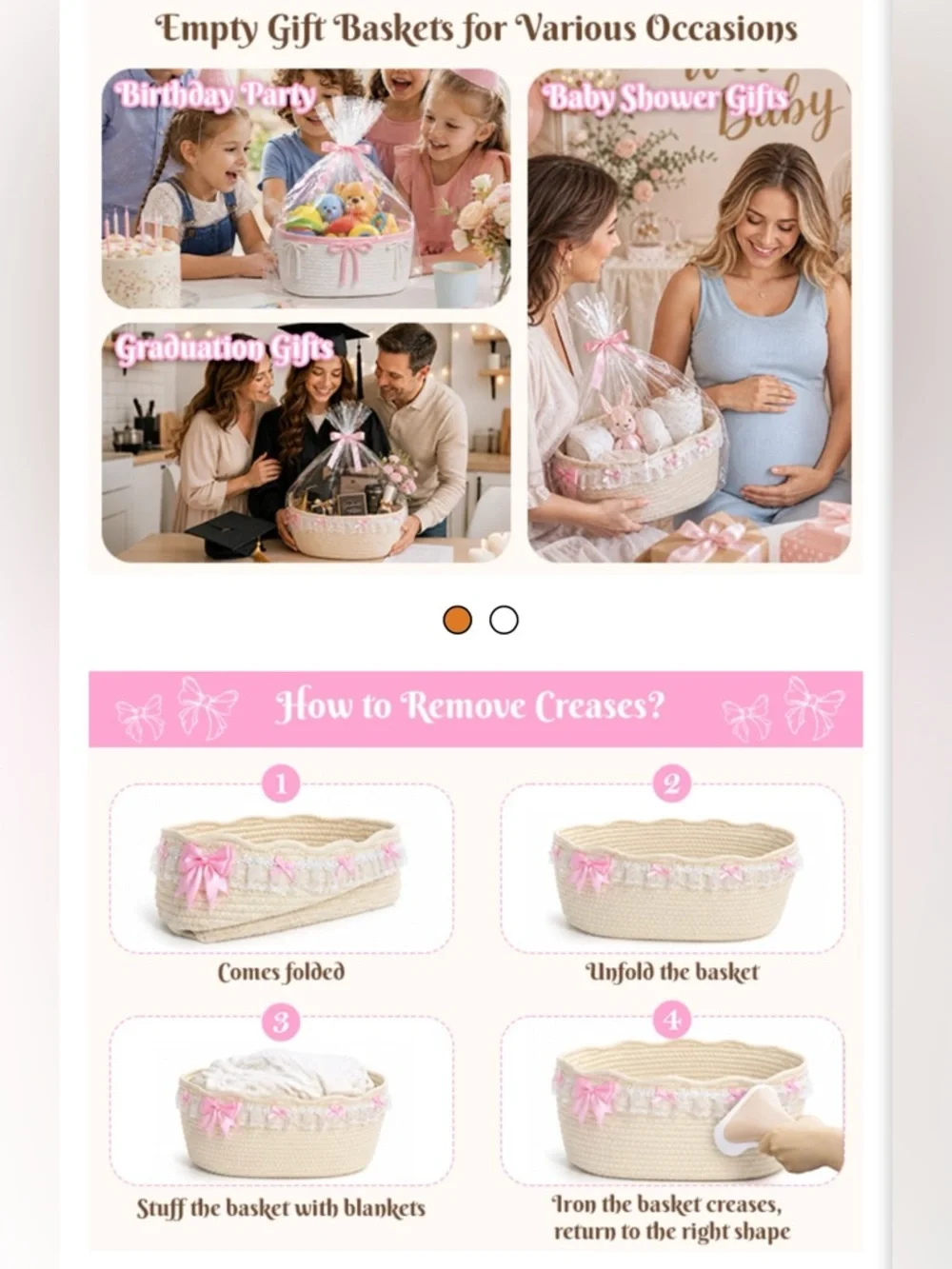 Decorative Pink Ribbon Cotton Rope Gift Basket with Bag & Ribbon
